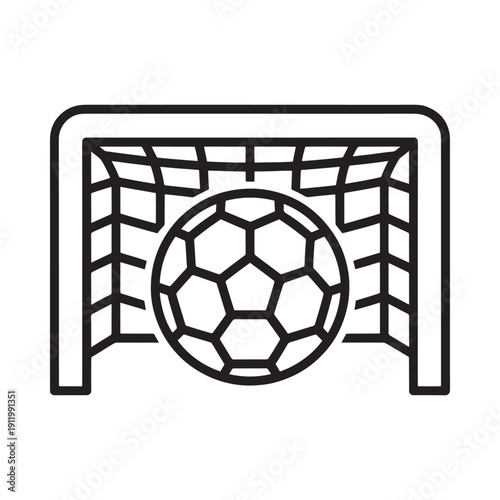 A simple black and white line drawing of a soccer goal with a ball