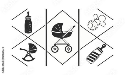 Baby care essentials flat black icon collection for nursery and parenting design vector illustration, easily editable.