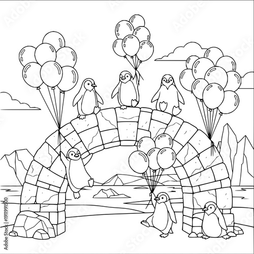 Penguins on stone bridge with balloons coloring book illustration black and white