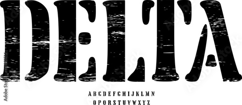 Delta Bold Decorative Font, Distressed Ink Surface Alphabet Set, Gritty Slab Serif Typeface for Game Titles, Coffee Shop Logos, Automotive Branding, and High-Impact Visual Identity