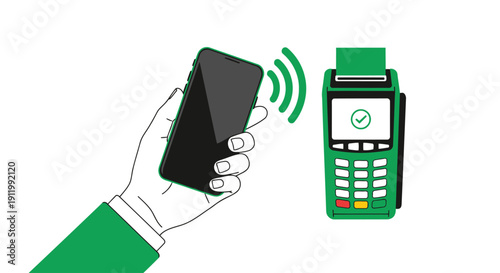 Contactless Payment Vector Illustration: Hand Holding Smartphone over POS Terminal with Wireless Signal, Minimalist Flat Design in Green and Black