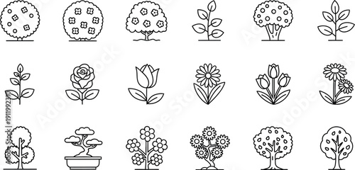 Collection of stylized black and white line art icons representing various deciduous trees blooming bushes flowering plants and simple sprouts perfect for nature design projects.