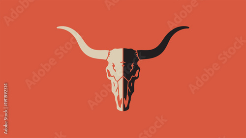 Minimalist longhorn bull skull vector illustration with large horns and symmetrical design on red background for rustic brand logo.