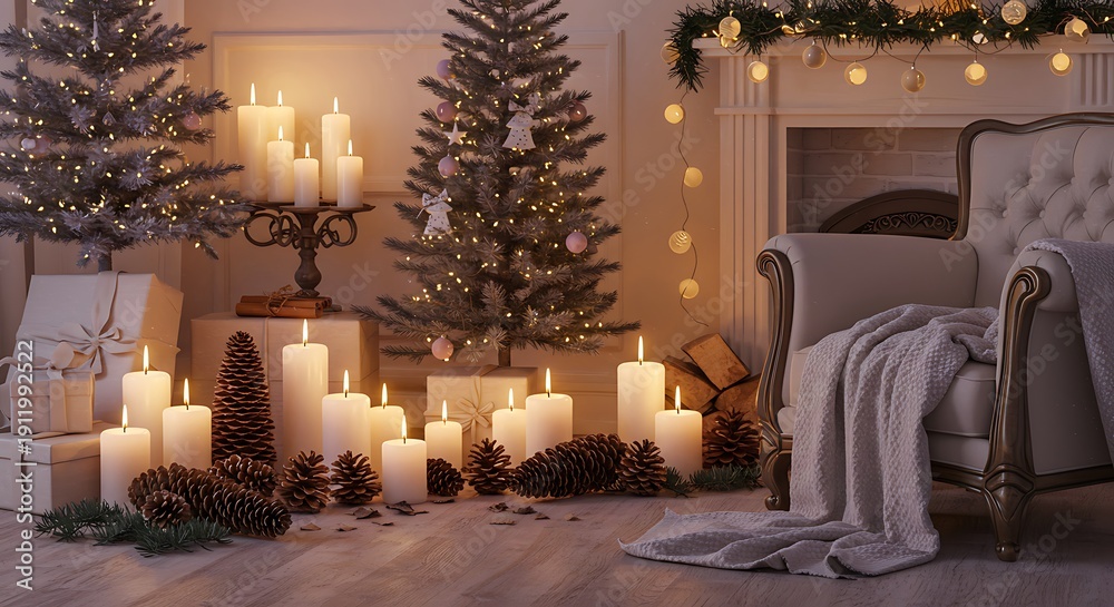 Obraz premium Christmas scene with candles and decorated trees creating a festive ambiance