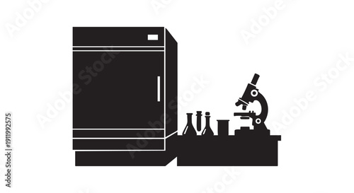 Scientific research setup with refrigerator, microscope, and laboratory glassware for sample storage and analysis