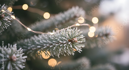 Close up of frosted christmas tree branch with glowing fairy lights