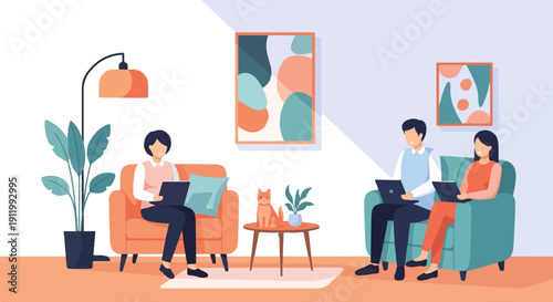 Three people and a cat work remotely in a cozy living room