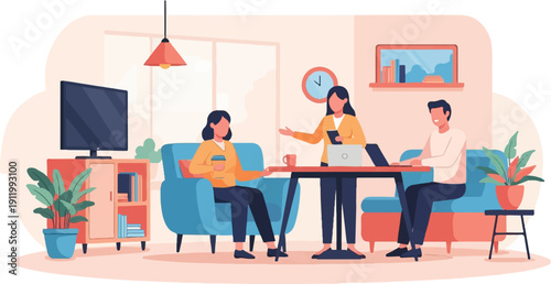 Three people collaborate on projects in a modern living room setting