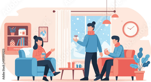 Three people exchanging gifts indoors during a snowy winter