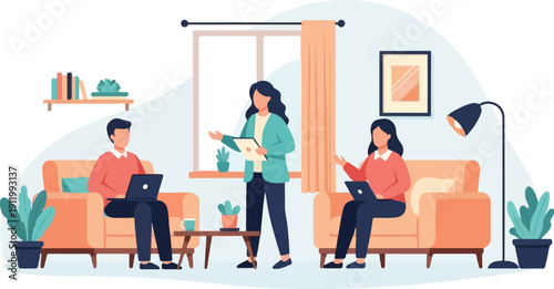 Three people collaborating on laptops in a cozy living room setting