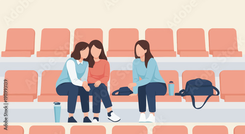 Three women relax on stadium seats with bags and water bottles nearby