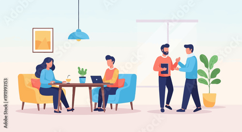 Three people in a bright, modern indoor space, one working on a laptop