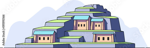 Terraced buildings on a mountain slope with abstract background
