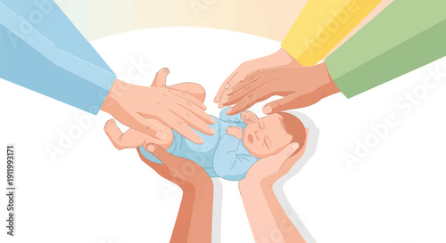 Tender hands cradle a sleeping newborn, symbolizing nurture and family