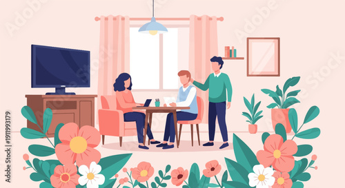 Three people in a bright room with a TV, plants, and flowers
