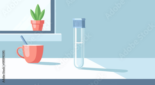 Test tube with liquid and coffee mug with spoon on table next to potted plant