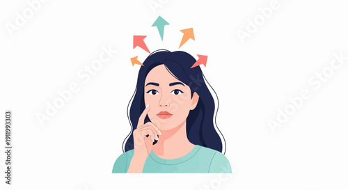 Thoughtful young woman with multiple directional arrows above head