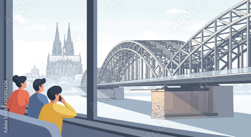 Three people look out a window at a large bridge and cathedral
