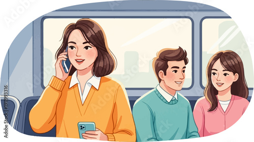 Three people on public transport, one talks on phone, two chat pleasantly