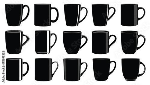 Coffee mug silhouettes set, office drink cup vector collection
