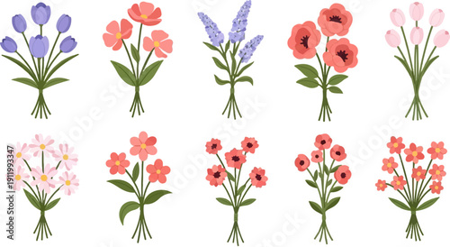 Ten stylized bouquets of various flowers arranged in two rows on a white background