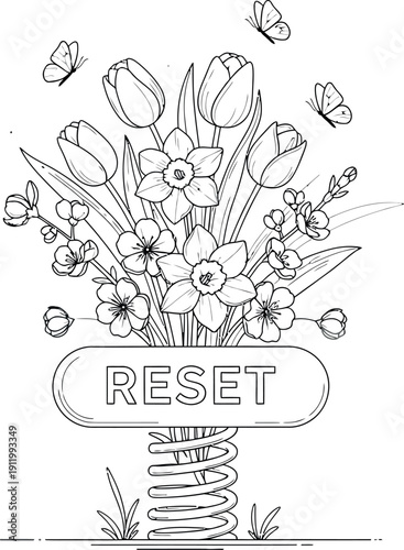 Black and white line art illustration featuring a blooming bouquet of spring flowers atop a coiled spring base labeled with the word reset for concept coloring pages.