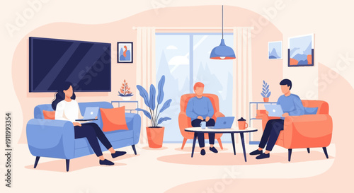 Three people relax at home, using laptops and watching TV