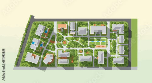 Top-down view of a residential complex with buildings, paths, and green spaces