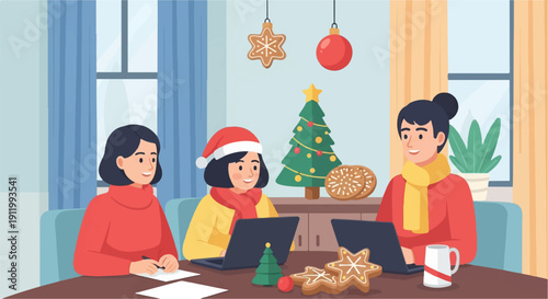 Three cheerful people working on laptops amidst festive Christmas decorations