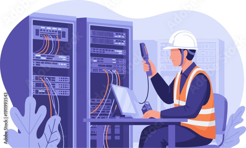 Technician checking server racks with laptop and diagnostic tool