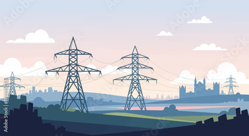 Towering pylons and distant city skyline at dusk with a pastel sky