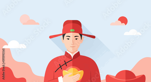 Traditional figure in red holds gold ingot, with clouds and sun backdrop