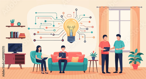 Teamwork and innovation People collaborating around a glowing idea lightbulb