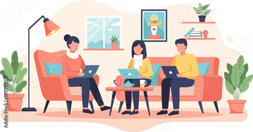 Three people work on laptops in a cozy living room with plants