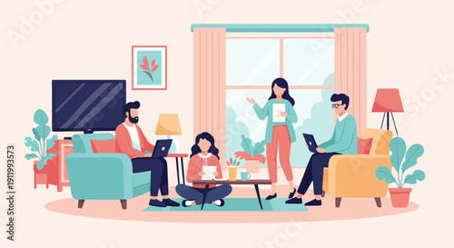 Teamwork in a cozy living room with laptops and plants