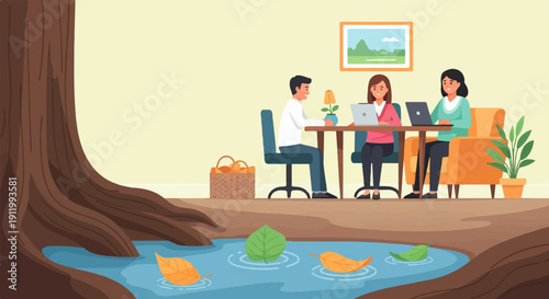 Three colleagues collaborate remotely in a cozy office setting near a natural pond