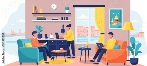 Three people work on laptops in a modern living room with city views