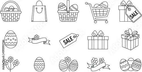 Collection of outline icons depicting various easter holiday shopping and decorative elements like baskets eggs gifts sale tags ribbons and flowers for seasonal celebration design