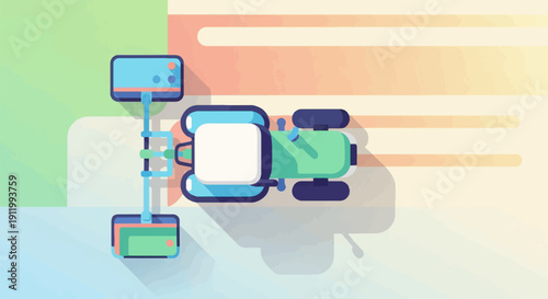 Stylized overhead view of a green tractor with attached machinery