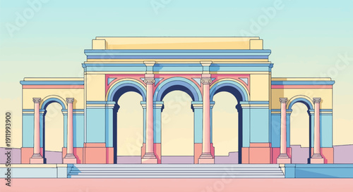 Stylized pastel-colored arcade with classical columns and arches under a gradient sky