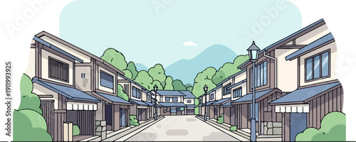 Stylized illustration of a traditional street scene with buildings and trees