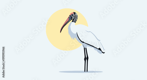Stylized white bird with long beak and orange face stands against yellow circle