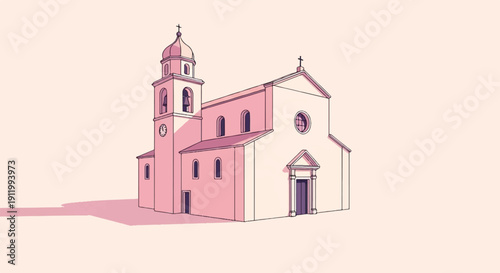 Stylized pink church with bell tower and clock, casting shadow