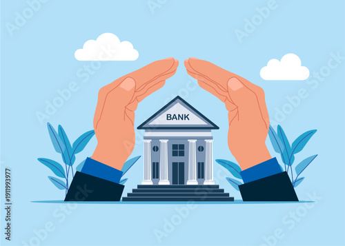 Bank under protection. Wellbeing metaphor. Insurance and finance saving protection in economy crisis, safety investment. Flat vector illustration