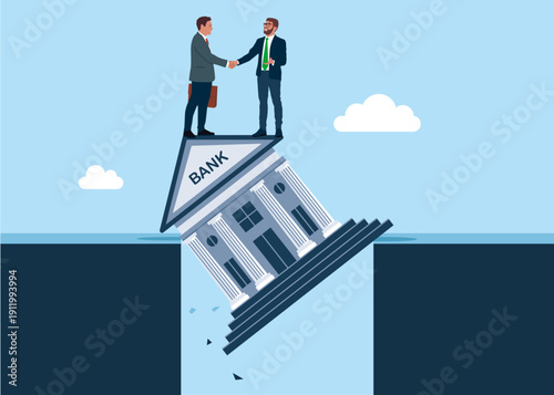 Vector of a bank bridging the gap between a businesspeople. Assisting business people to overcome difficulties. Flat vector  illustration