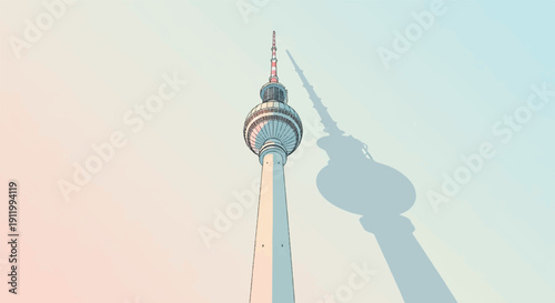 Tall radio tower casting a long shadow against a soft sky