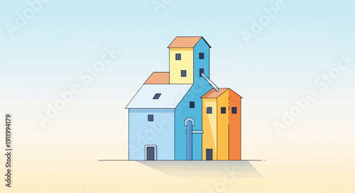 Stylized, flat illustration of multi-colored silos against a gradient sky