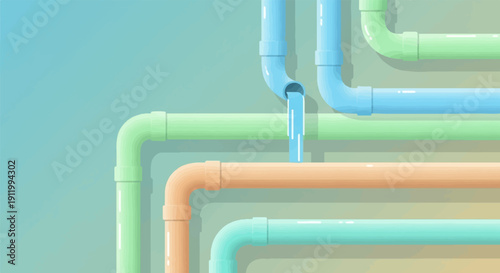 Stylized graphic of colorful pipes with water flowing through one