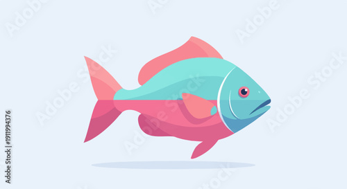 Stylized fish illustration in pastel blue, pink, and red hues