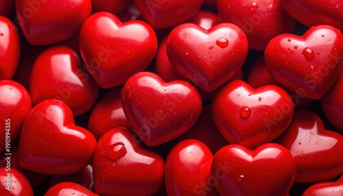 An array of glossy red heart shapes scattered closely, exuding a cheerful and romantic vibe